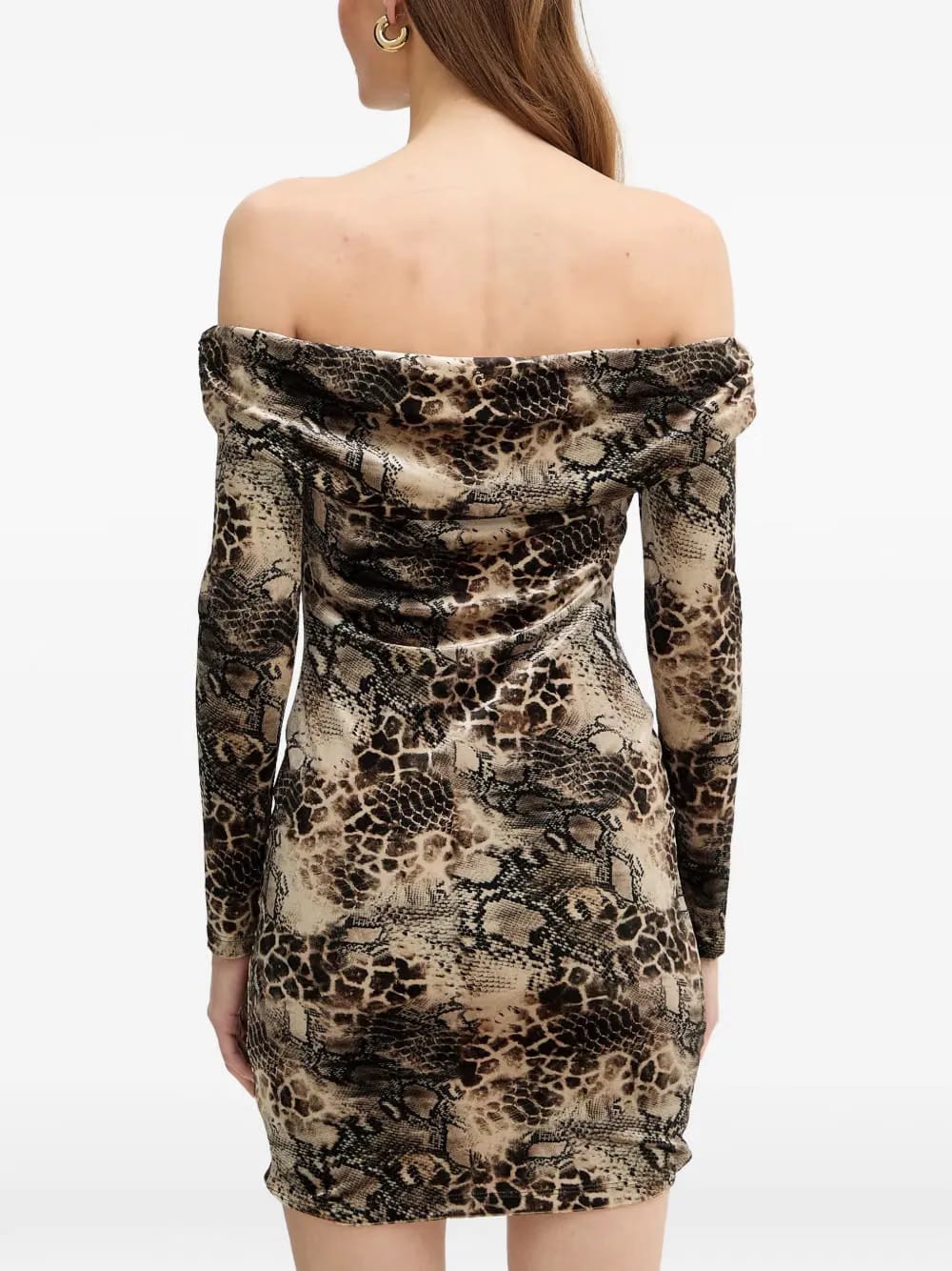 off-shoulder animal-print mini dress