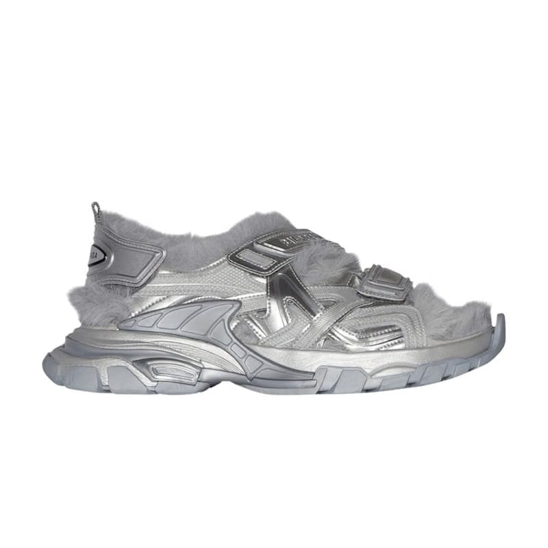 Balenciaga Track Sandals Faux Fur Grey Metallic