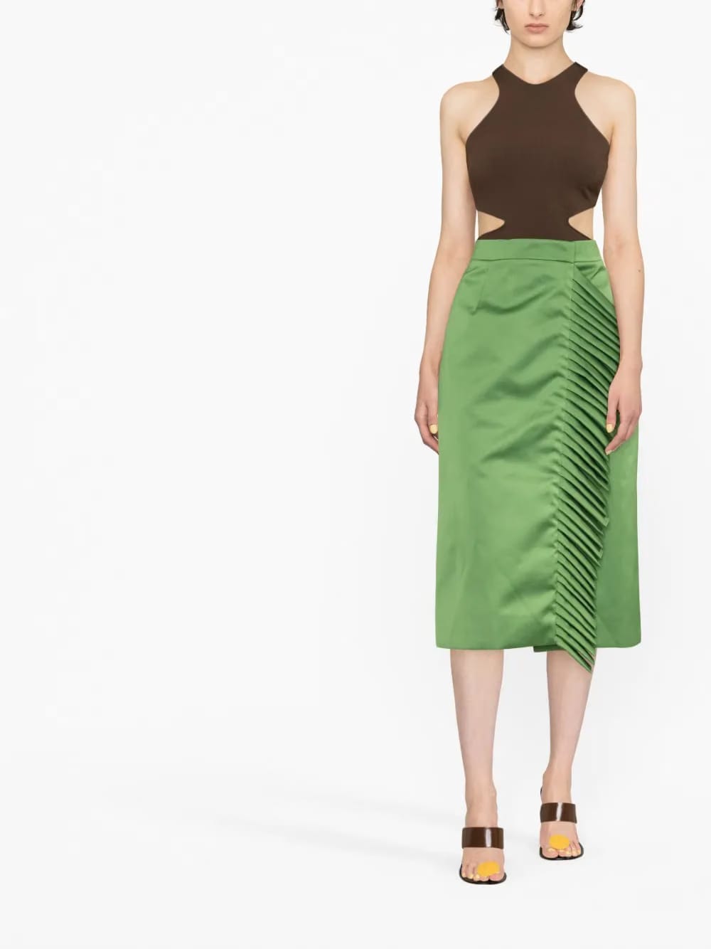 pleat-detail satin midi skirt