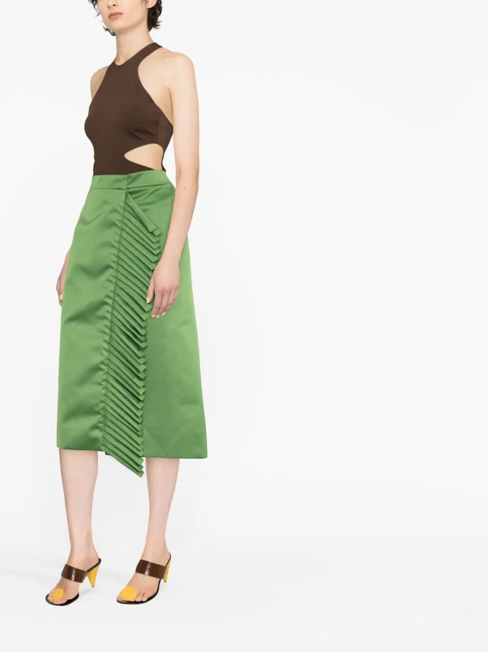 pleat-detail satin midi skirt