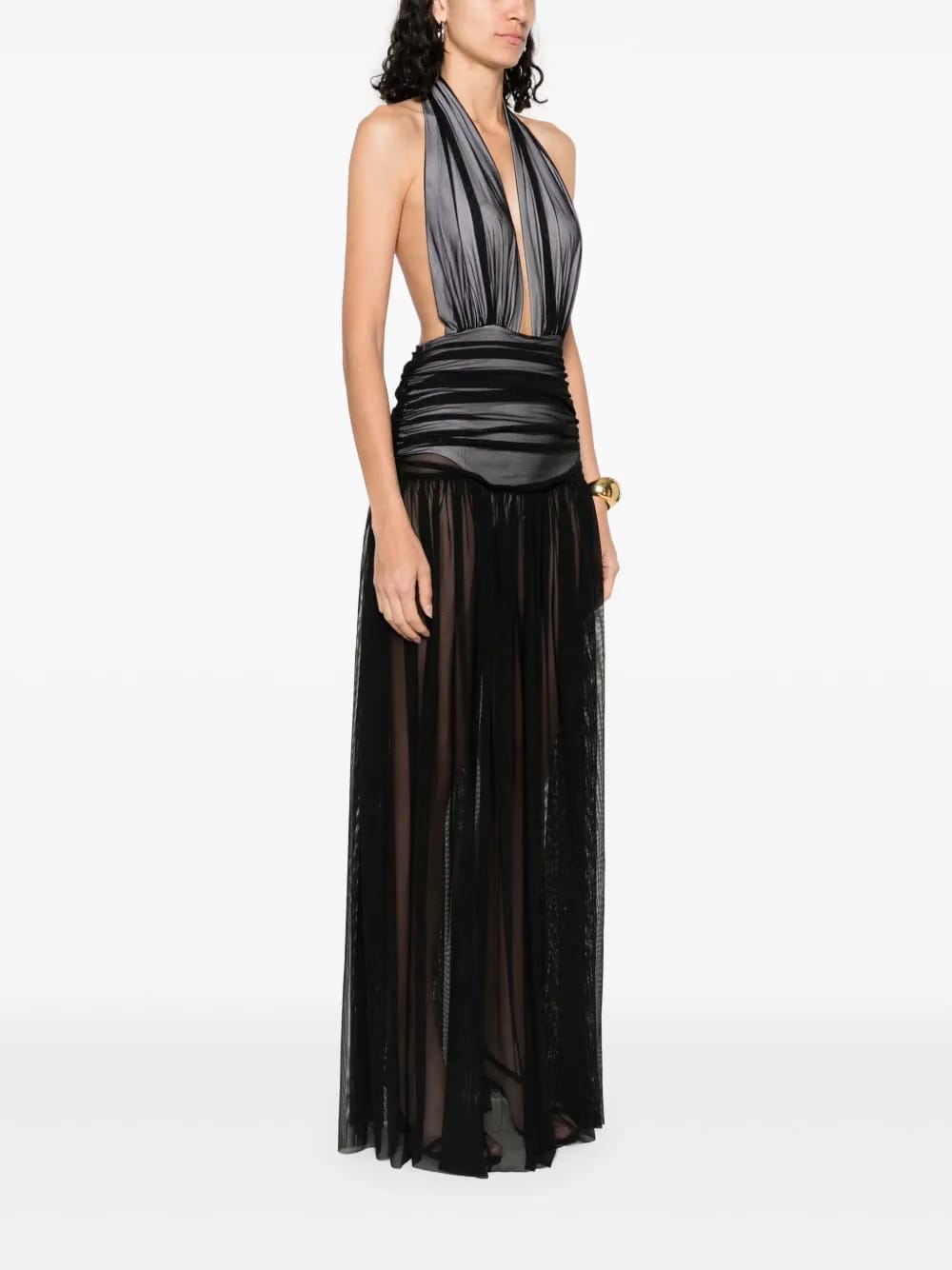 halterneck shirred maxi dress