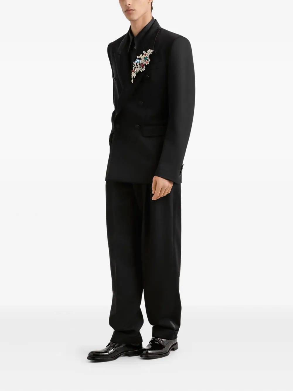 double-breasted satin-trim suit jacket