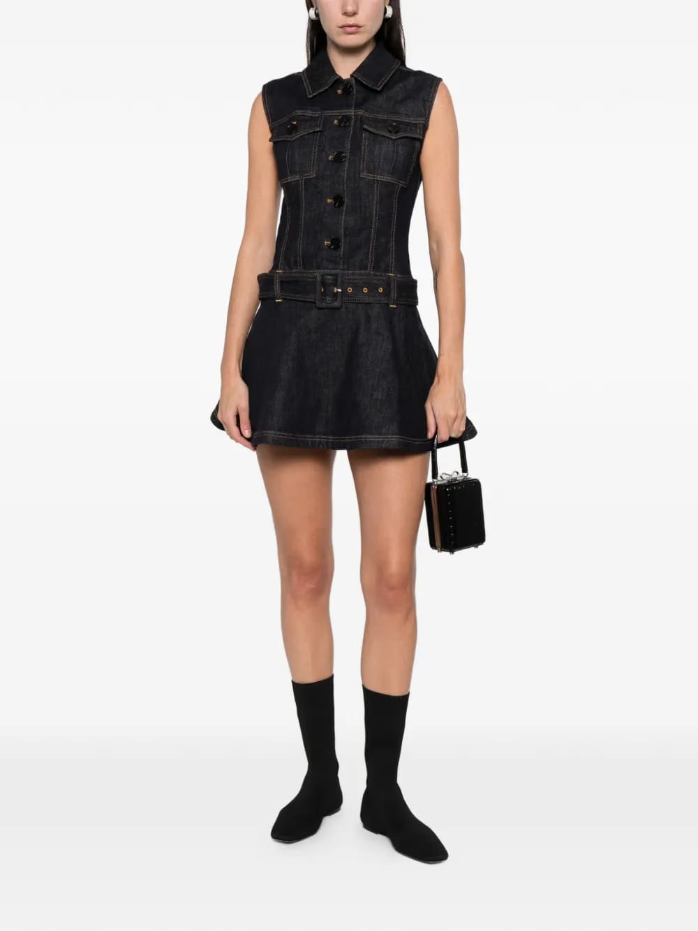 belted denim mini dress