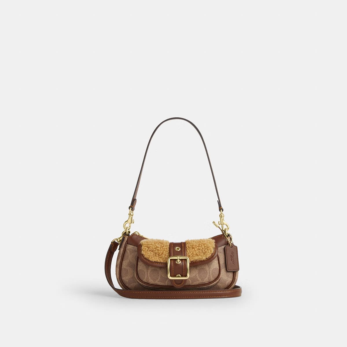 Coach Ashton Mini Shoulder Bag In Signature Canvas shearling Gold Tan Vintage Brown