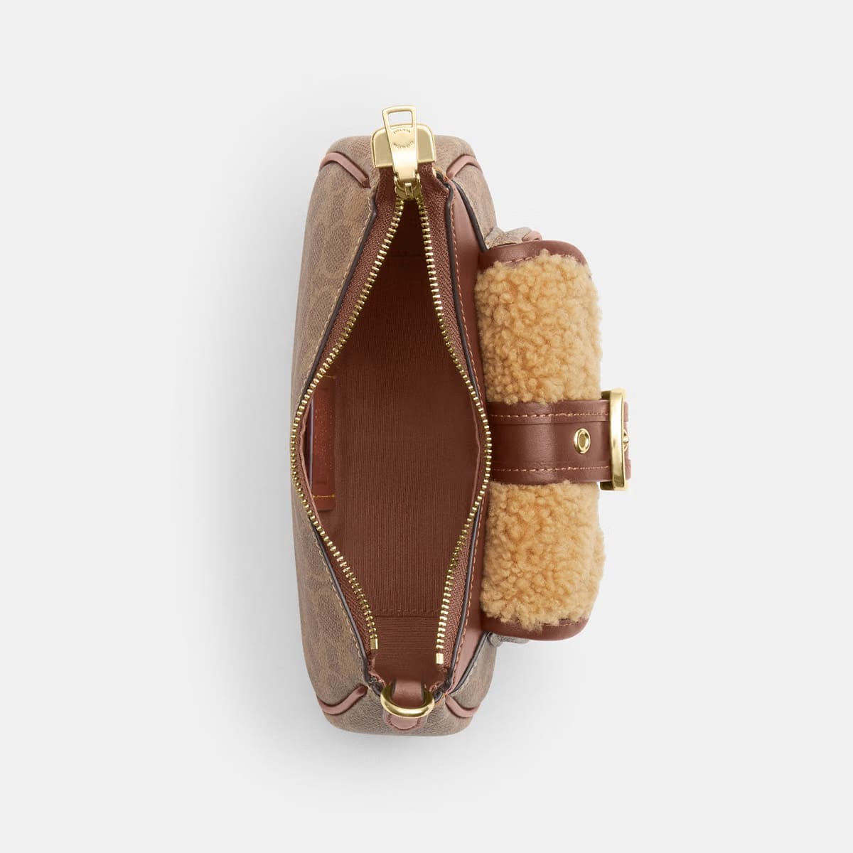 Coach Ashton Mini Shoulder Bag In Signature Canvas shearling Gold Tan Vintage Brown
