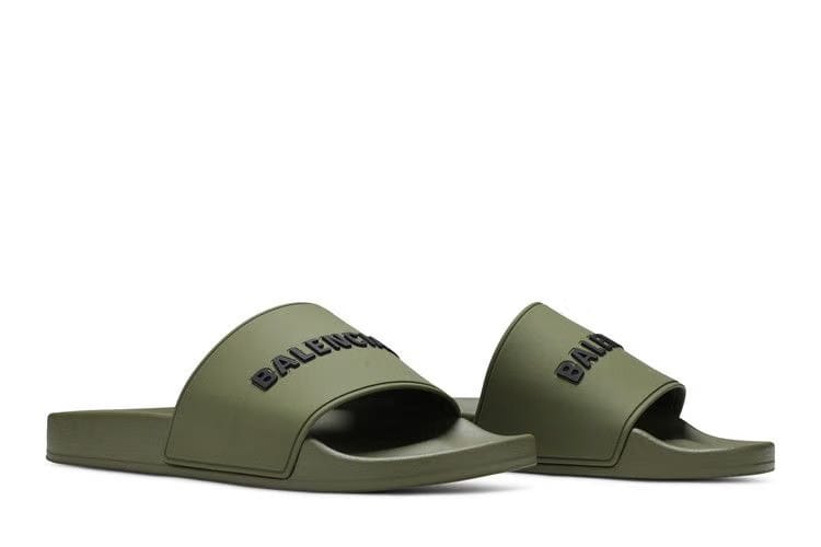 Balenciaga Pool Slides Khaki Black 3D Logo