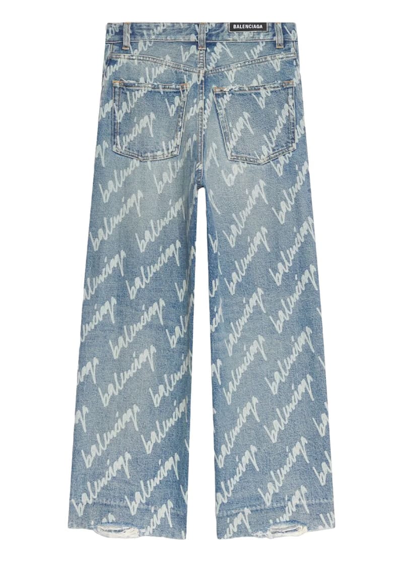 Balenciaga Womens All Over Logo Cropped Denim Trousers Indigo/White