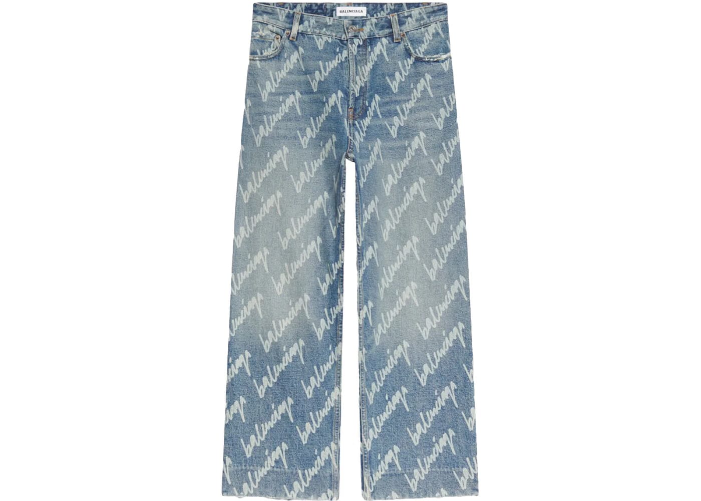 Balenciaga Womens All Over Logo Cropped Denim Trousers Indigo/White