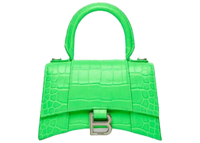 Balenciaga Hourglass Top Handle Bag Extra Small Crocodile Embossed Fluo Green