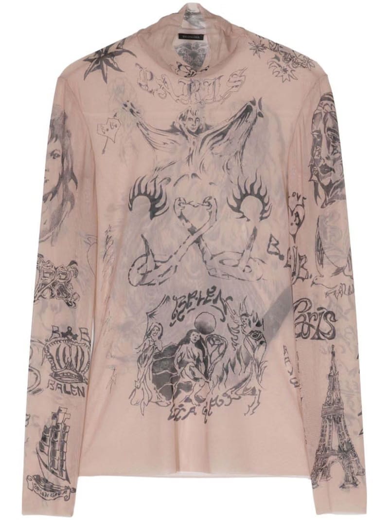 Balenciaga Tattoo-Print Mesh Top Light Beige