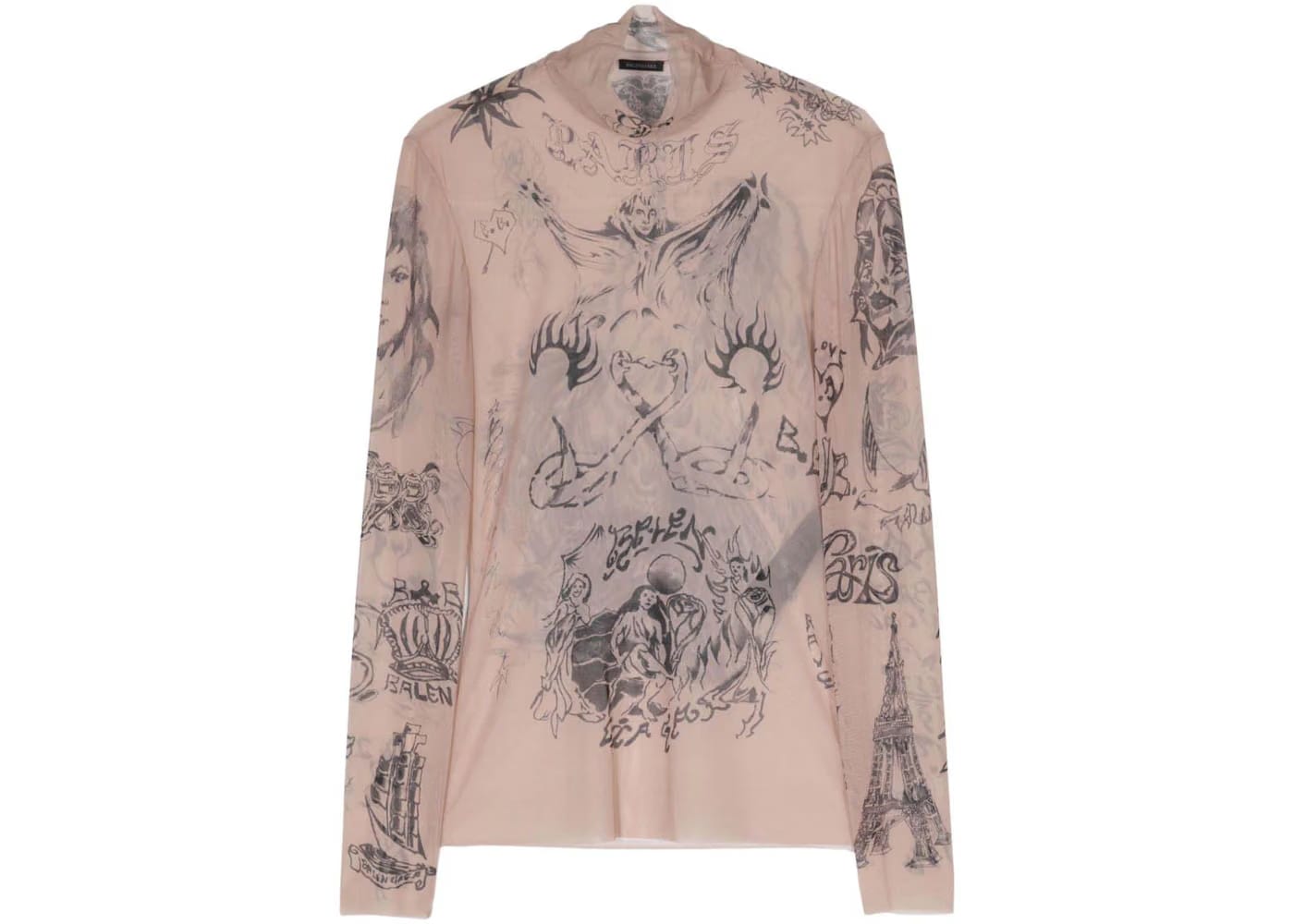 Balenciaga Tattoo-Print Mesh Top Light Beige