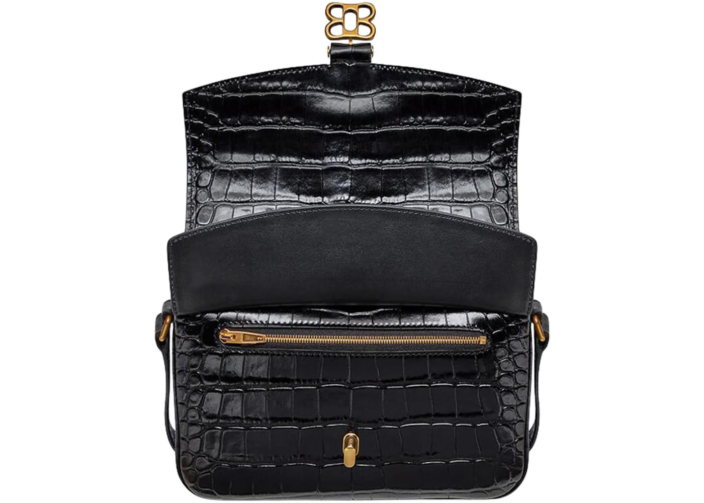 Balenciaga Flap Shoulder Bag Small Crocodile Embossed Black