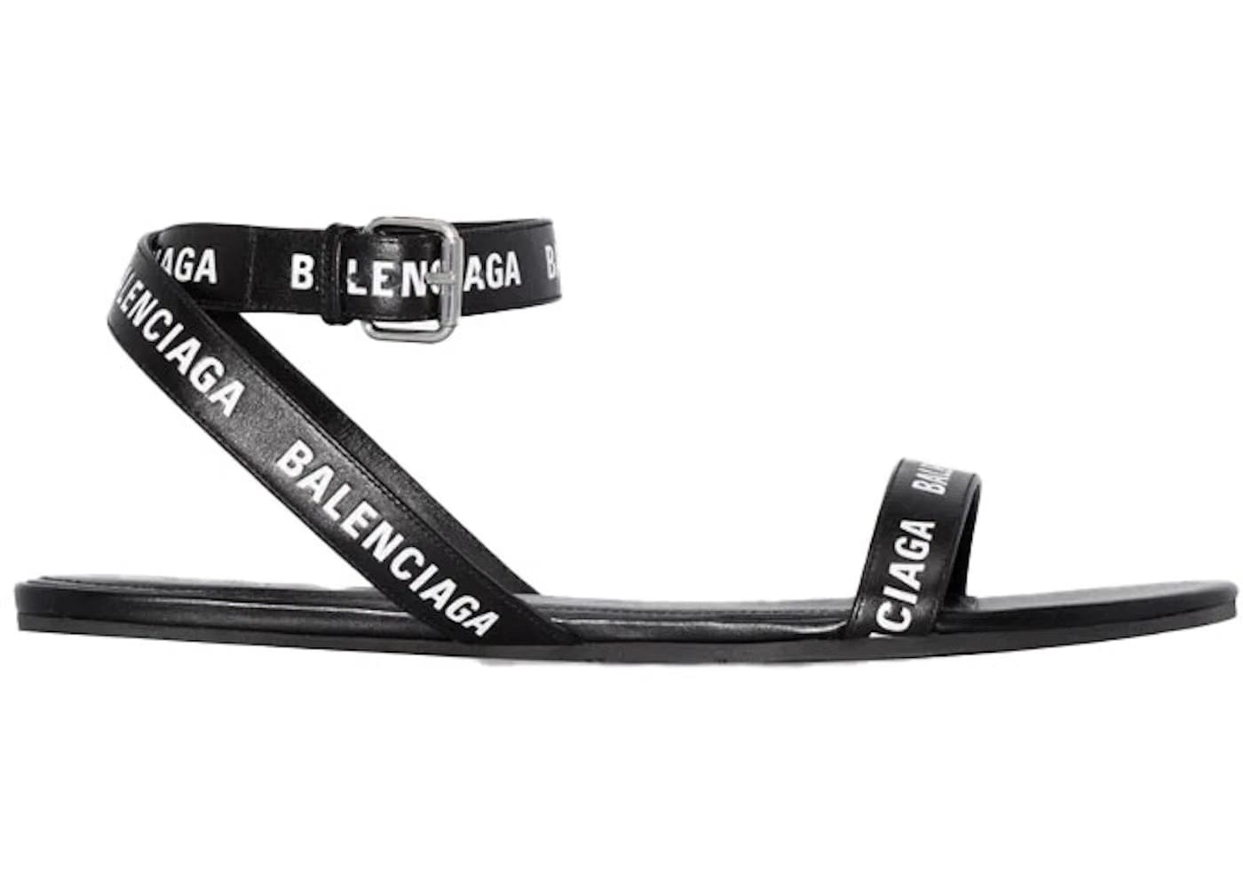 Balenciaga Black Logo Print Sandals Black Leather