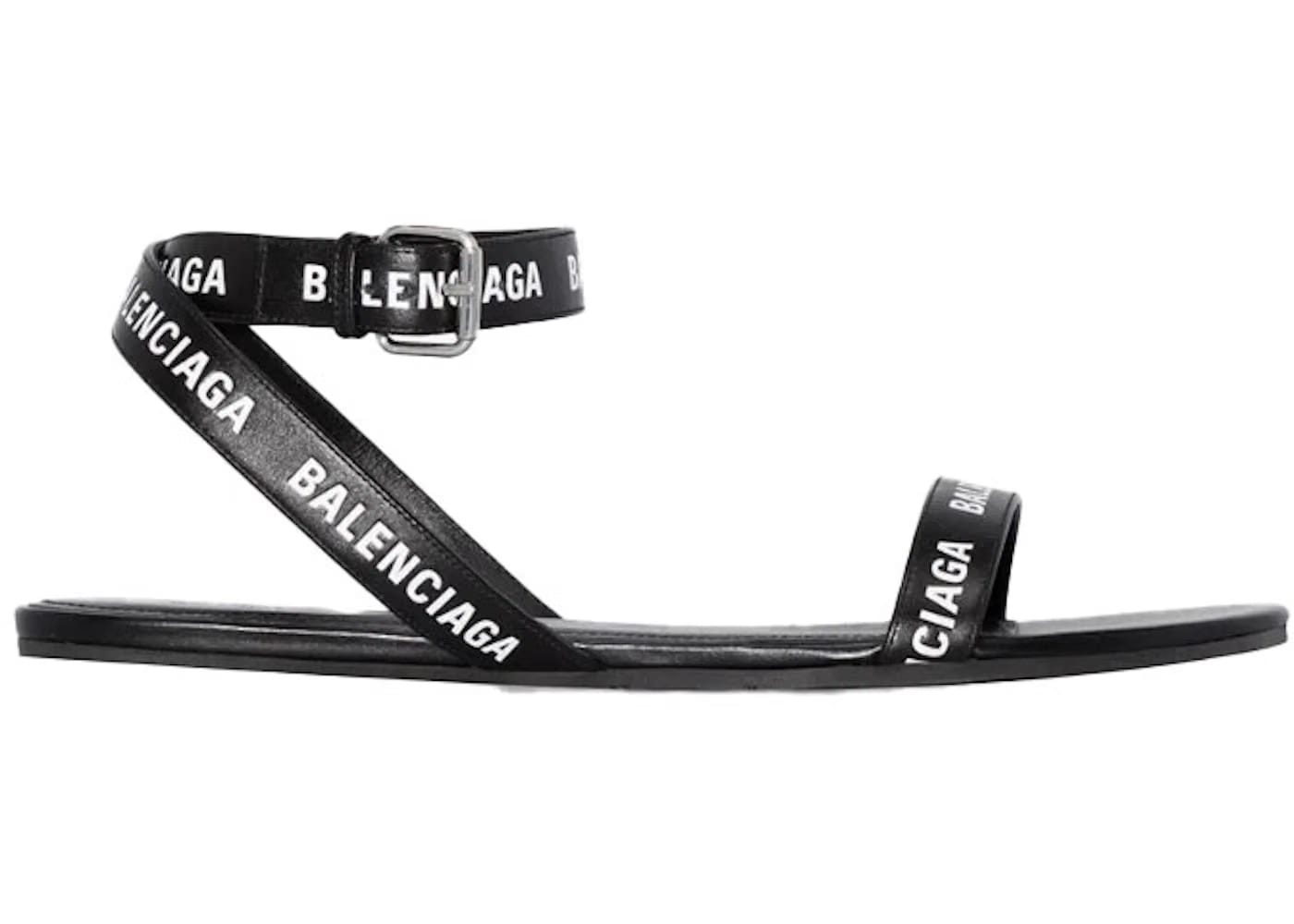 Balenciaga Black Logo Print Sandals Black Leather