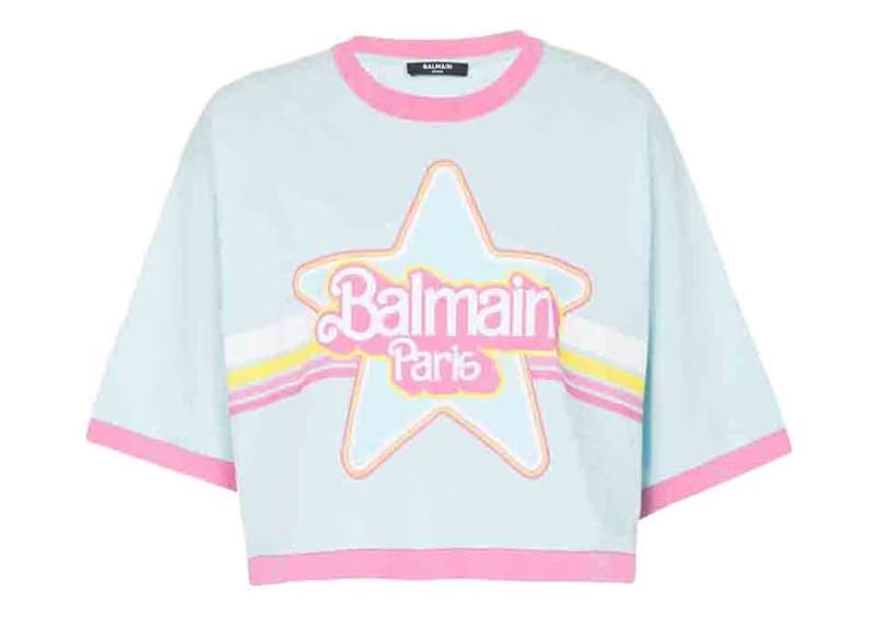 Balmain x Barbie - Blue Cotton Cropped T-Shirt with Pink Balmain Logo Print