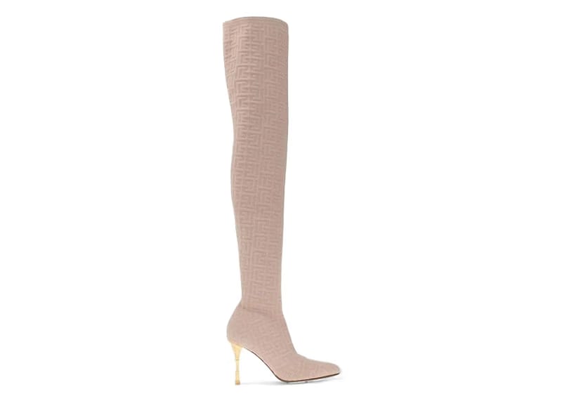 Balmain Monogram Moneta Mesh Thigh Boots Nude (Women's)