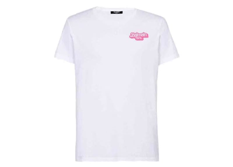 Balmain x Barbie - Cotton T-Shirt White with Small Pink Balmain Paris Logo Print