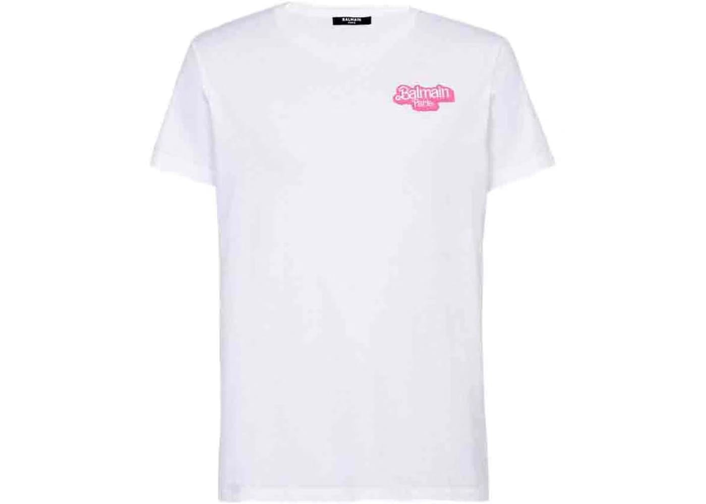 Balmain x Barbie - Cotton T-Shirt White with Small Pink Balmain Paris Logo Print