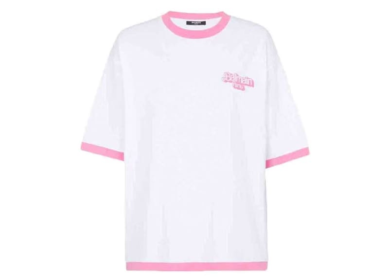 Balmain x Barbie - Cotton T-Shirt White with Pink Balmain Logo Print