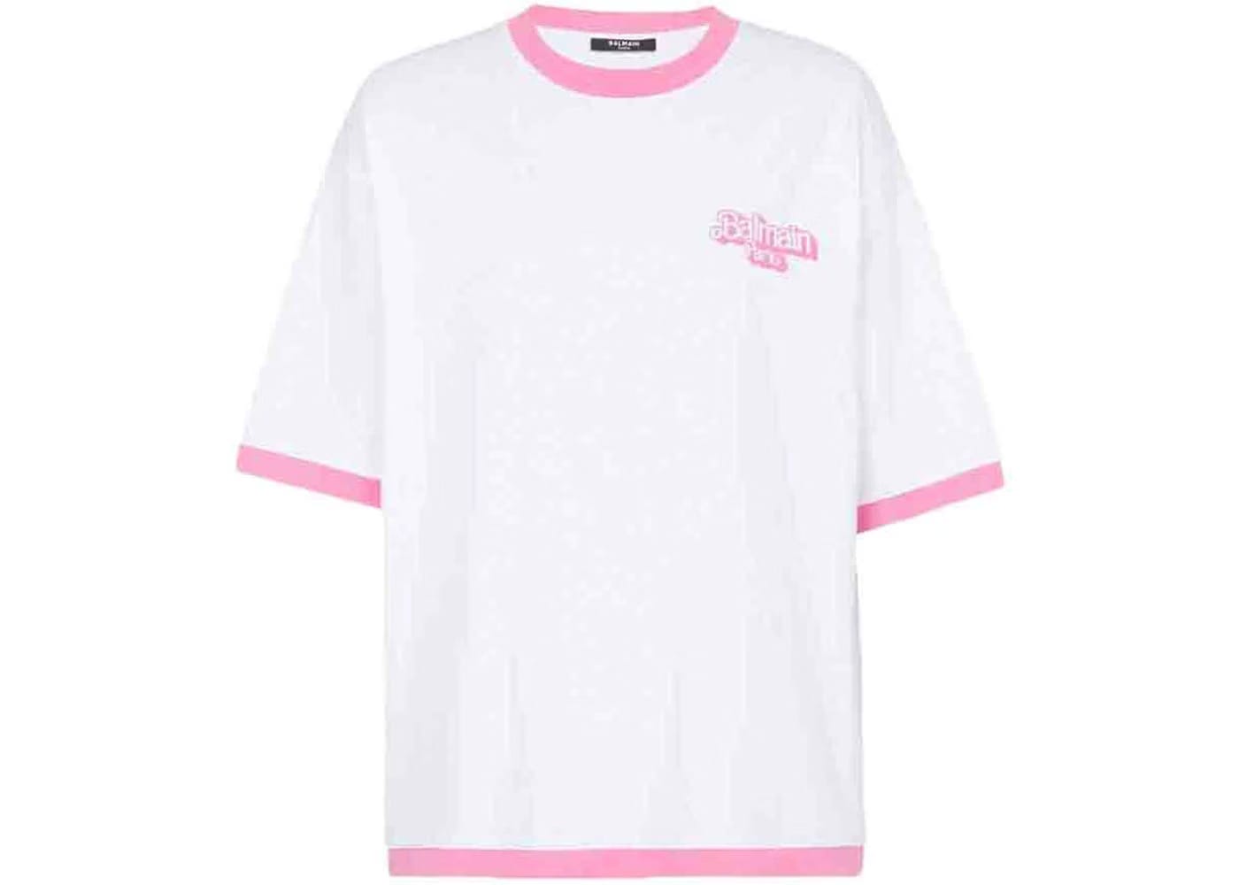 Balmain x Barbie - Cotton T-Shirt White with Pink Balmain Logo Print