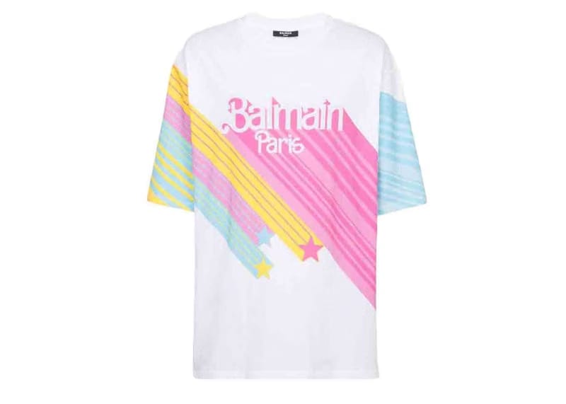 Balmain x Barbie - Oversized Cotton T-Shirt Multicolor with Pink Balmain Logo Print