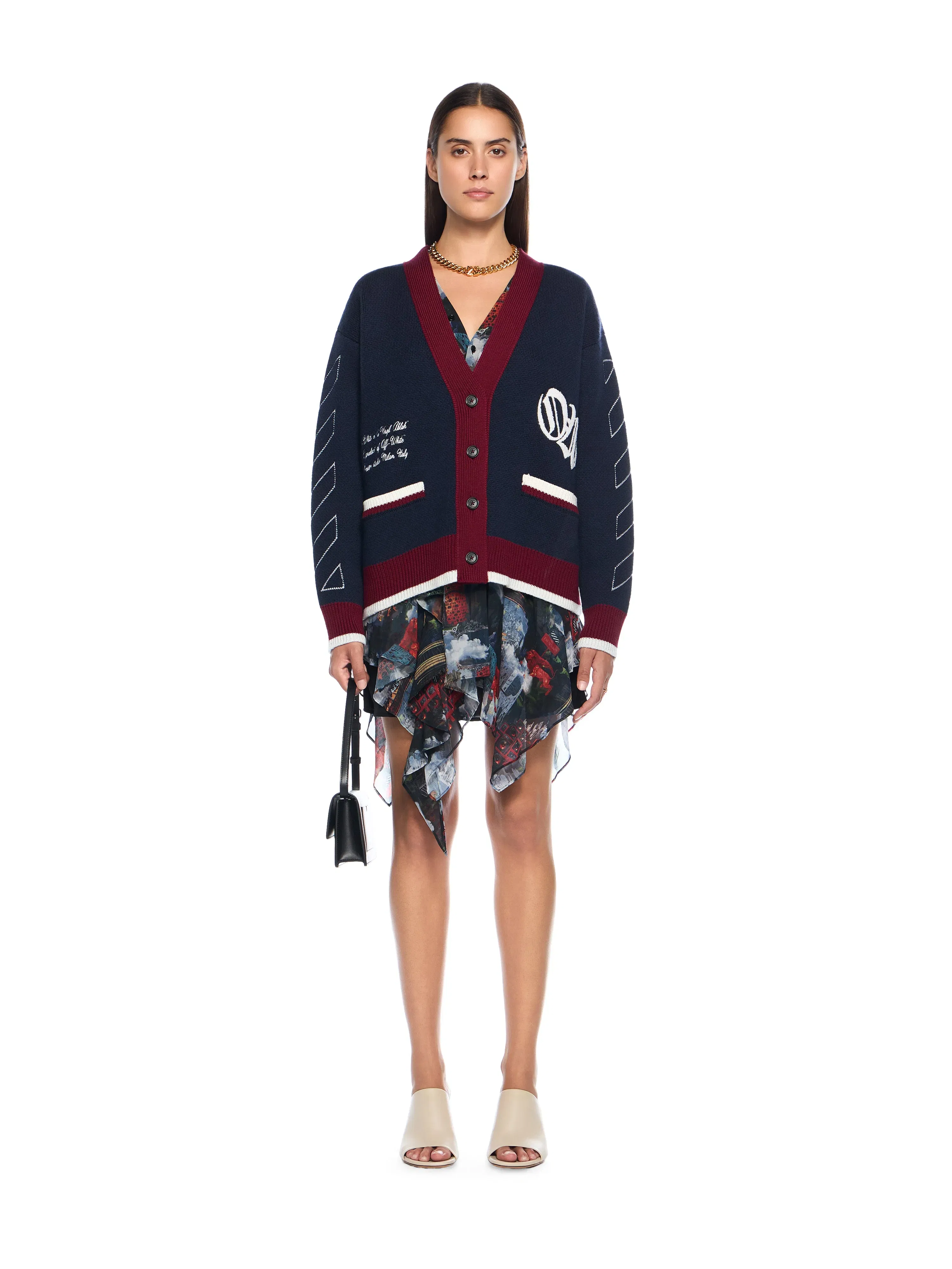 Off White Jacquard Knit Varsity Cardigan