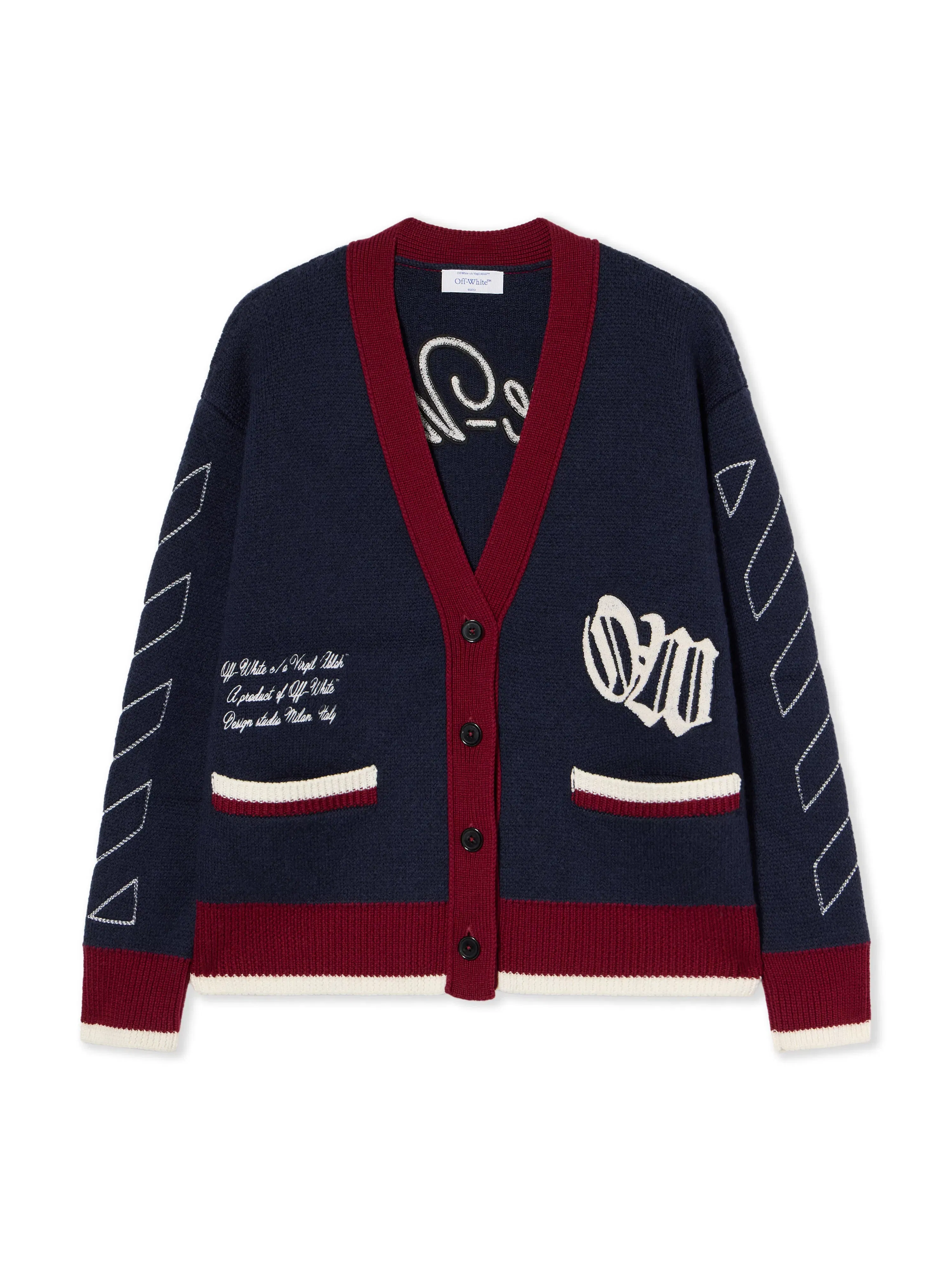 Off White Jacquard Knit Varsity Cardigan