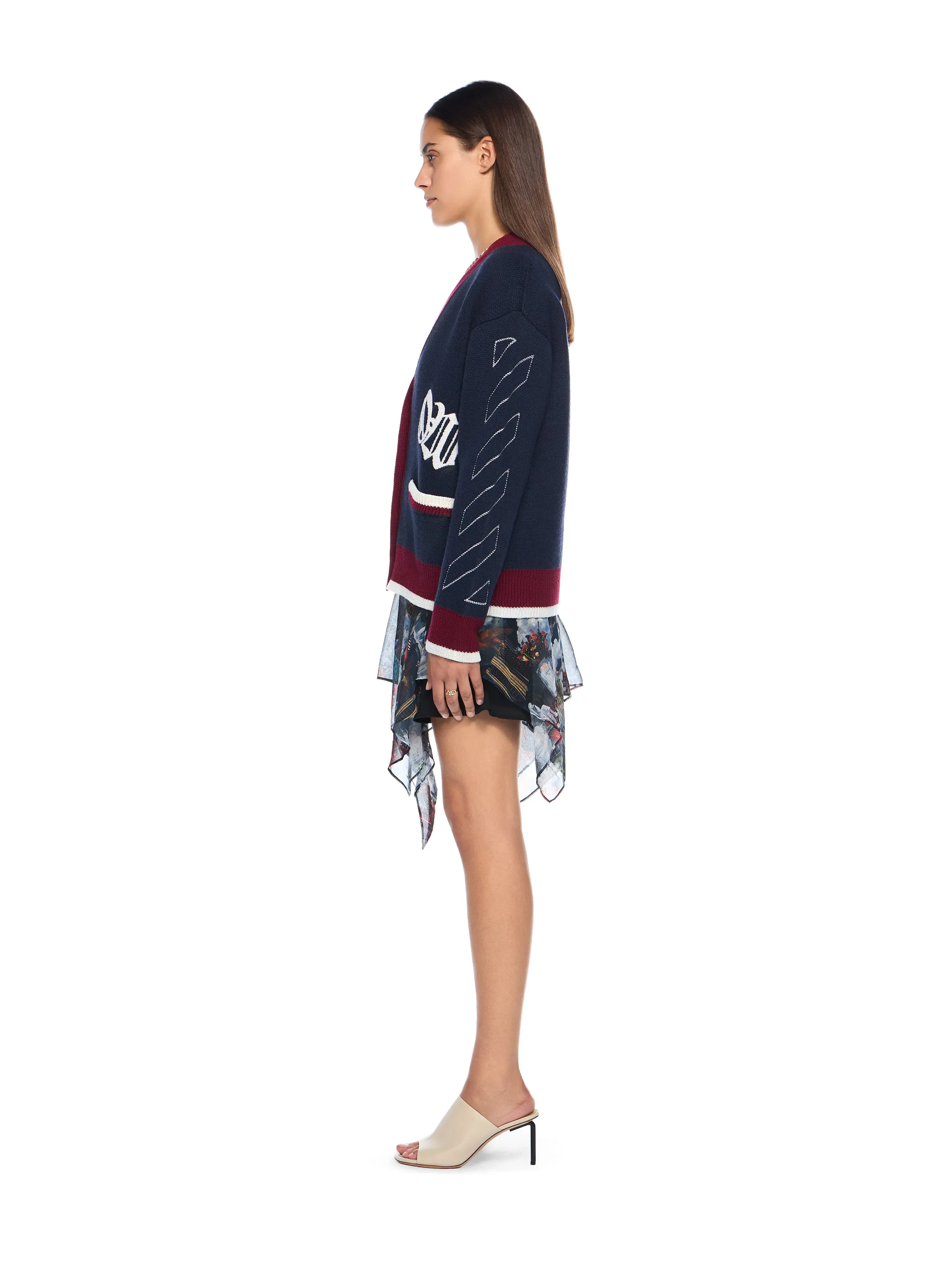 Off White Jacquard Knit Varsity Cardigan