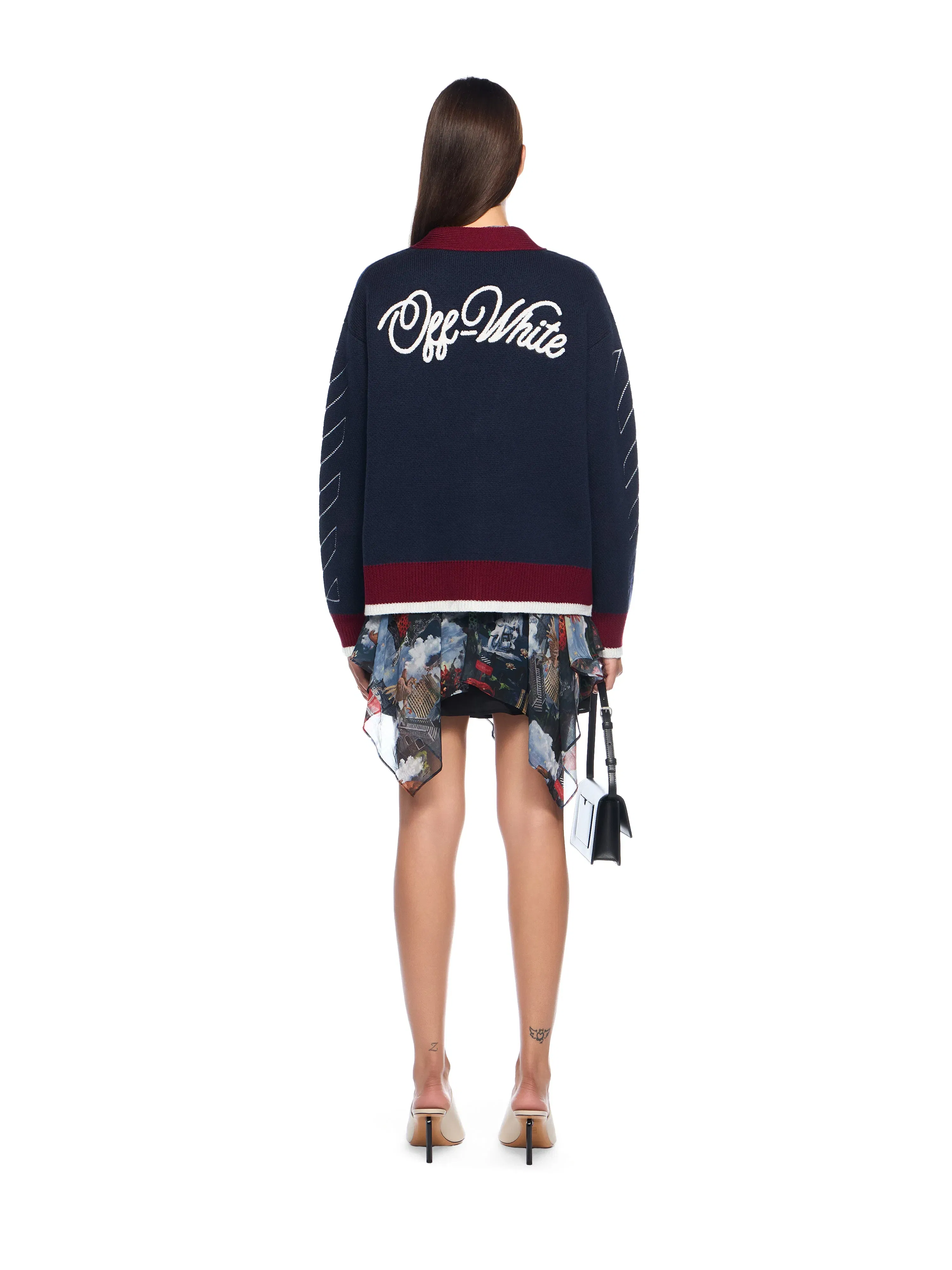 Off White Jacquard Knit Varsity Cardigan