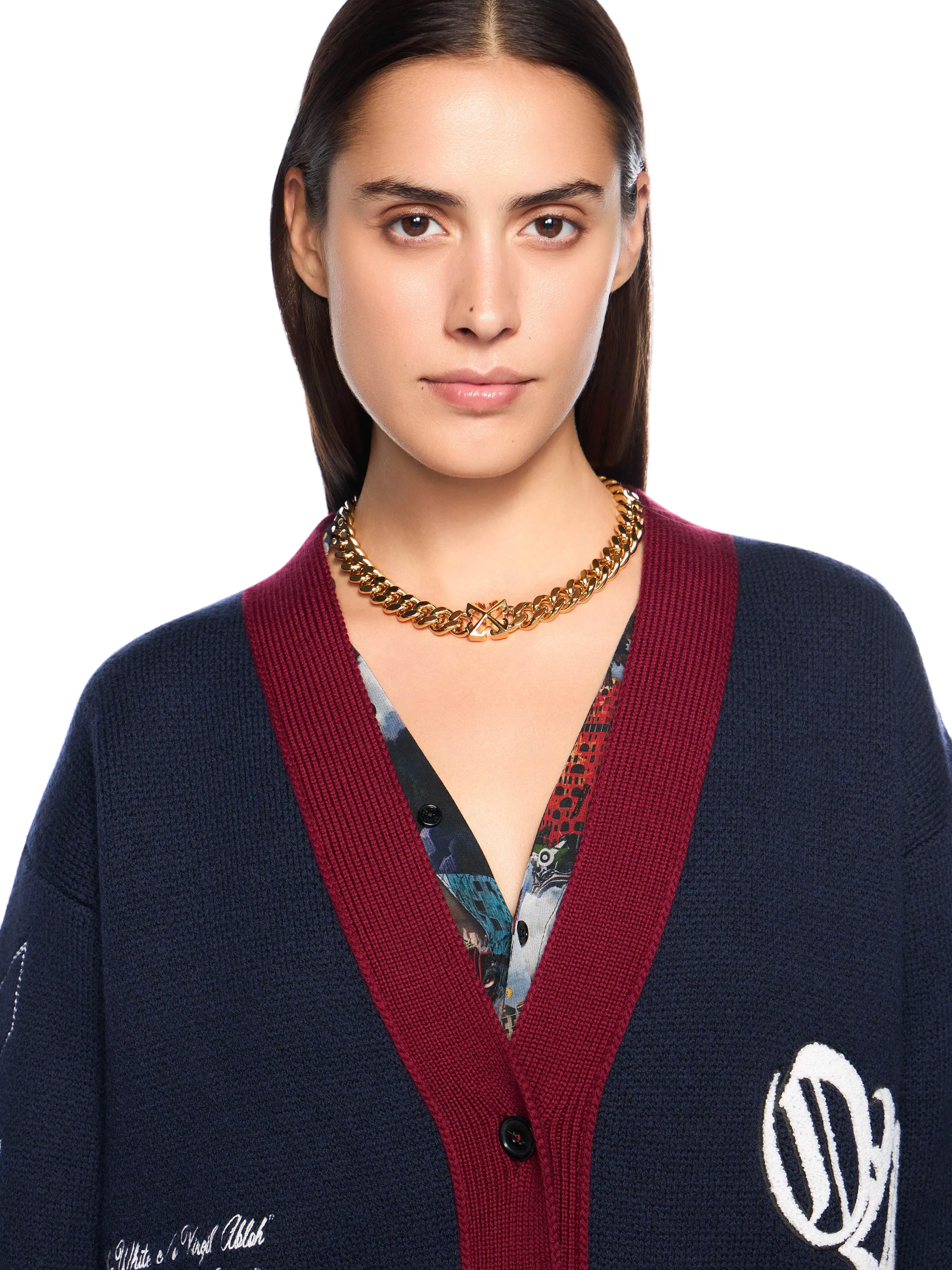 Off White Jacquard Knit Varsity Cardigan