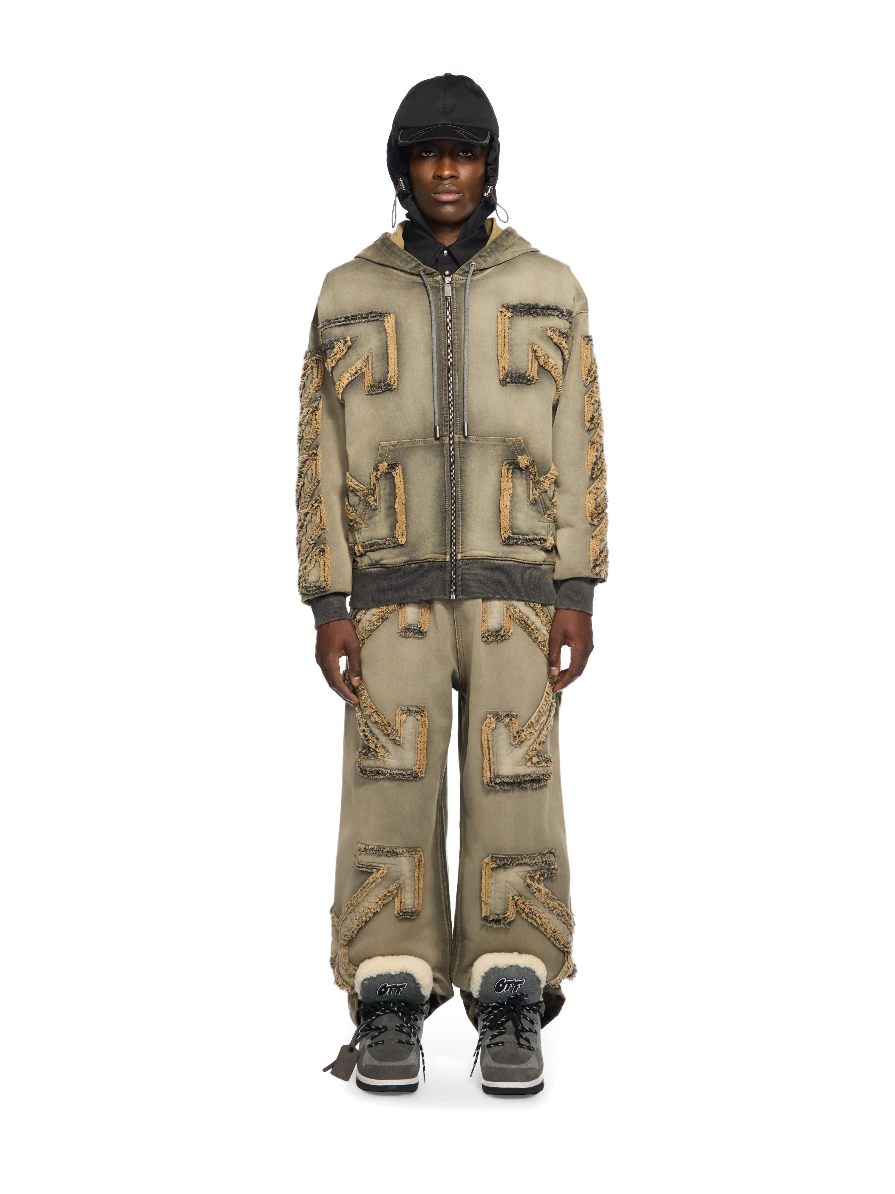 Off White Distressed Denim Arrow Zip Hoodie