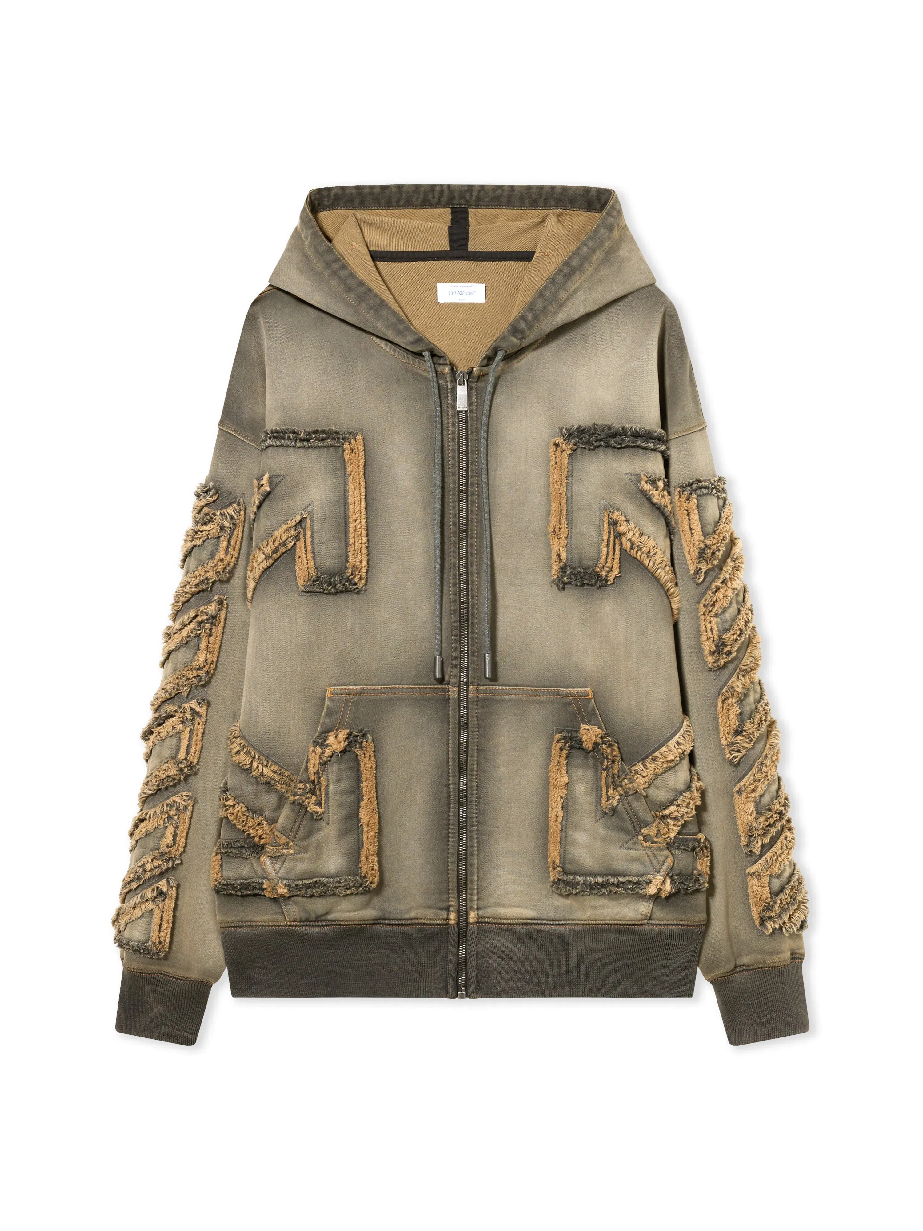 Off White Distressed Denim Arrow Zip Hoodie