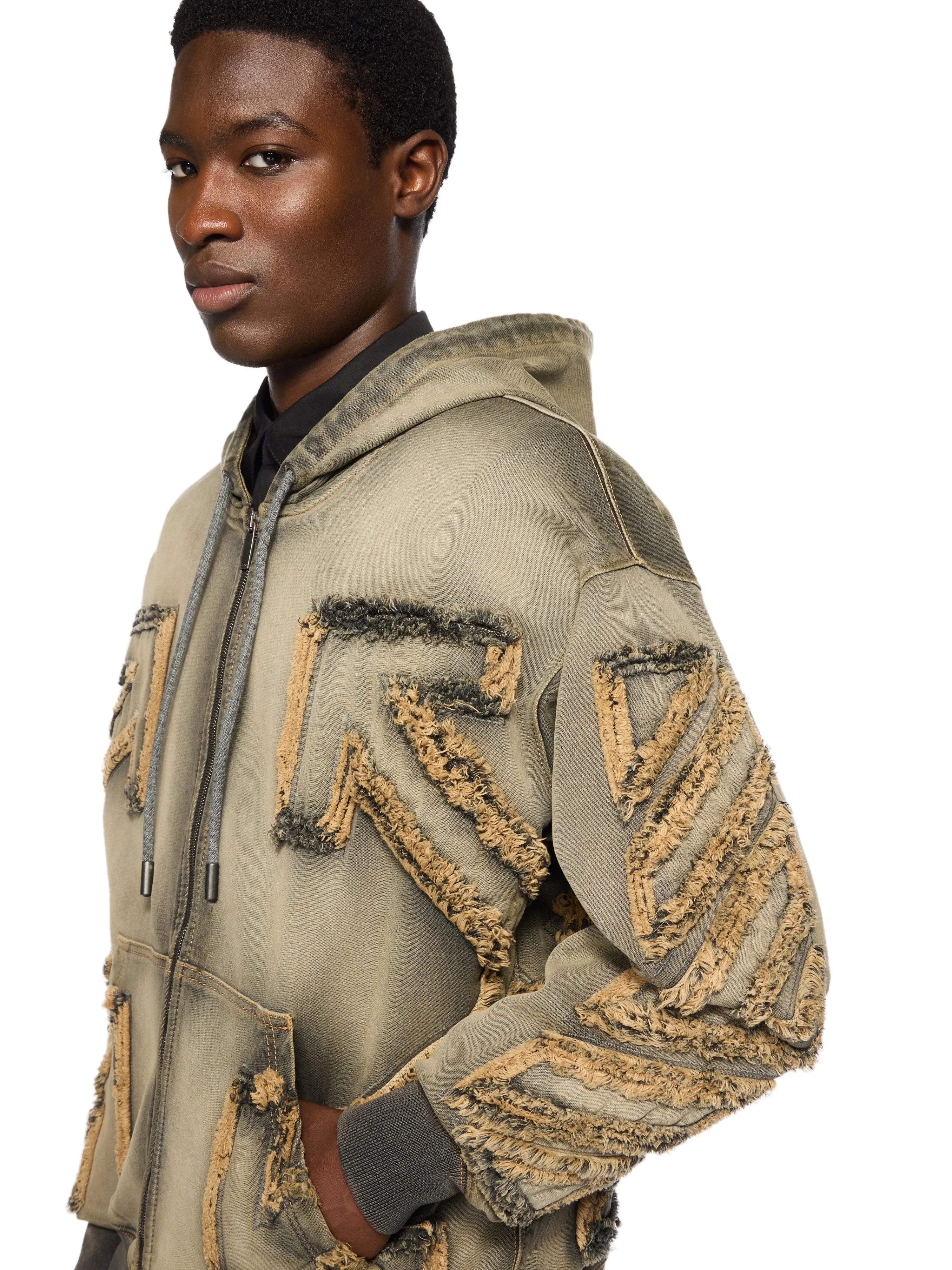 Off White Distressed Denim Arrow Zip Hoodie