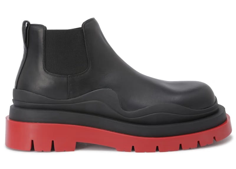 Bottega Veneta Leather Tire Chunky Sole Ankle Chelsea Boot Black Red