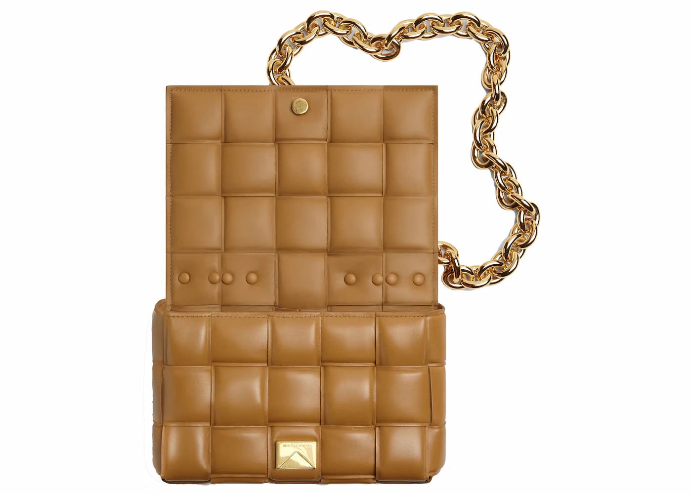 Bottega Veneta Chain Cassette Padded Intreccio Shoulder Bag Caramel