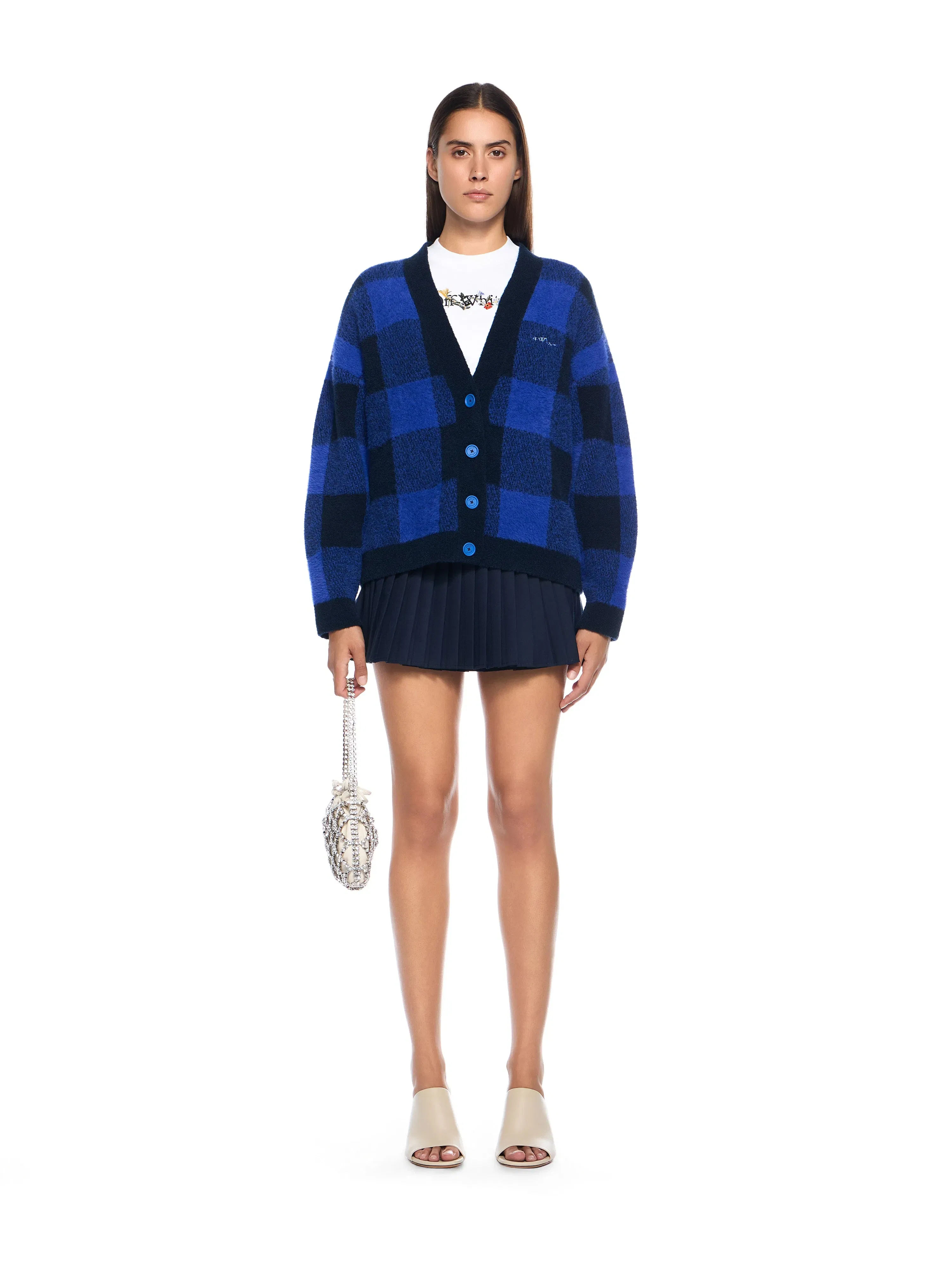 Off White Jacquard Check Knit Cardigan