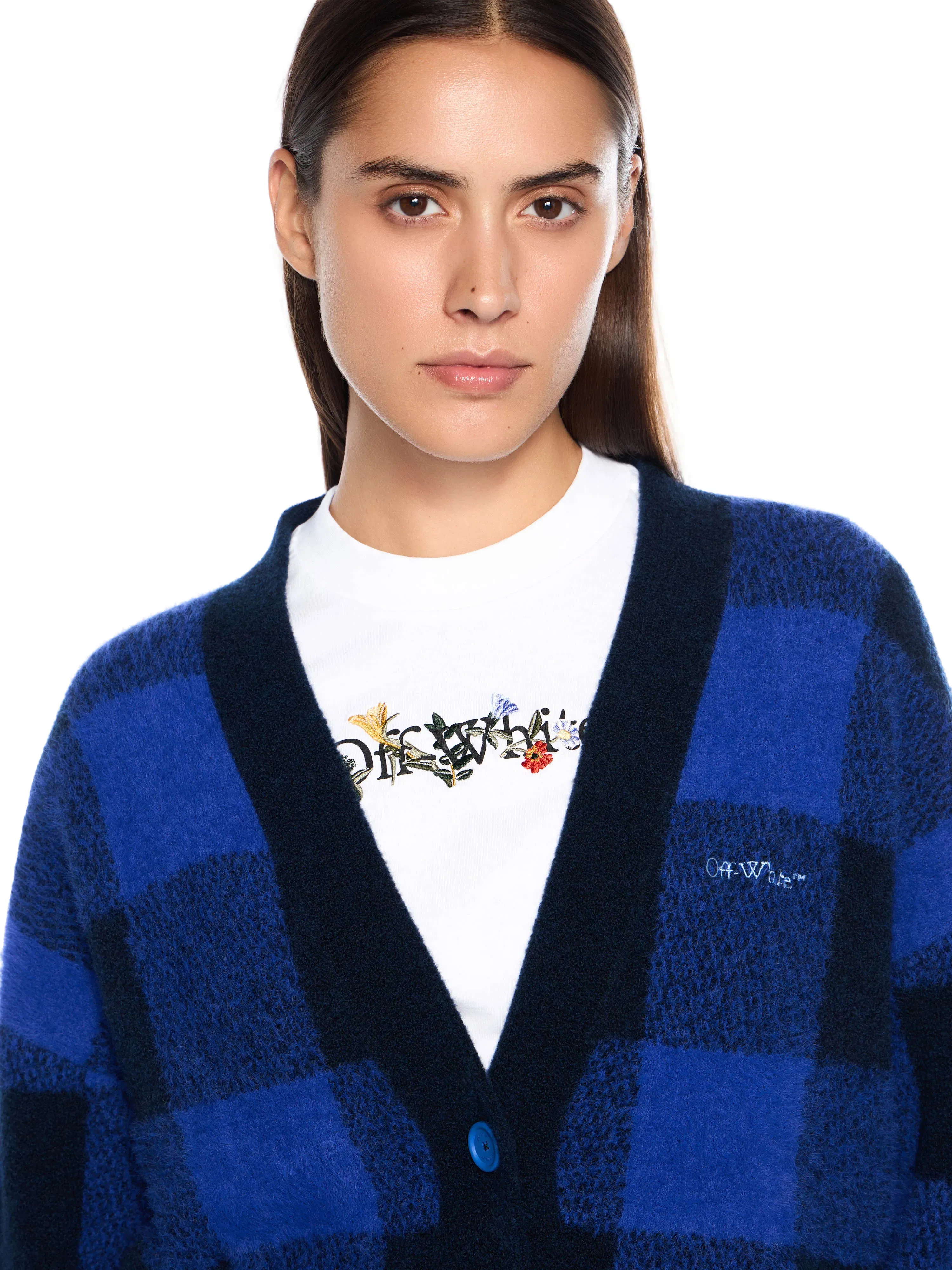 Off White Jacquard Check Knit Cardigan