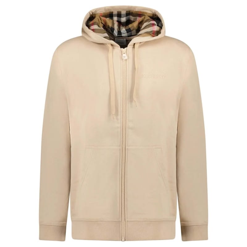 Burberry Hove Check Embroidery Logo Zip Hoodie Soft Fawn