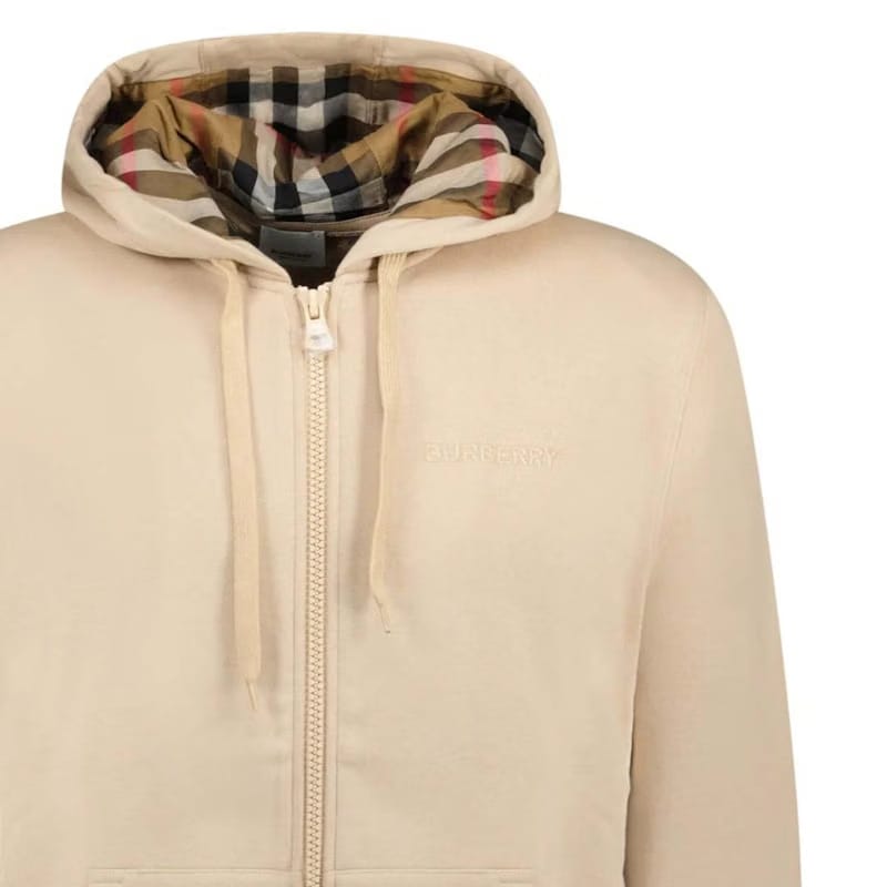 Burberry Hove Check Embroidery Logo Zip Hoodie Soft Fawn
