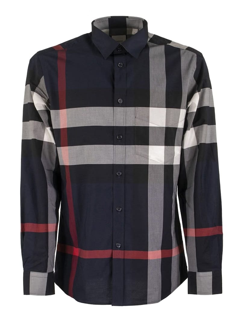 Burberry Check Stretch Cotton Poplin Shirt Navy