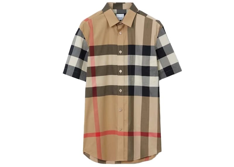 Burberry Check Stretch Poplin Shorts Sleeve Shirt Archive Beige