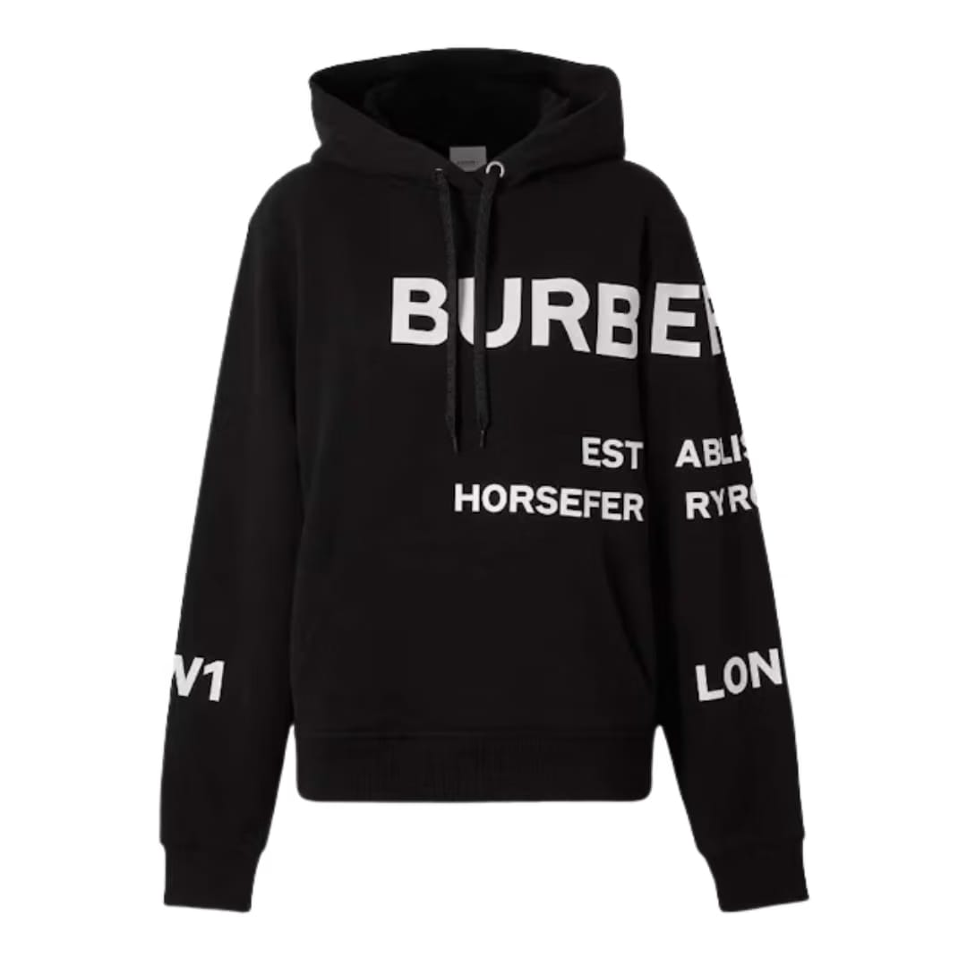 Burberry Horseferry Print Oversized Cotton Drawstring Hoodie Black