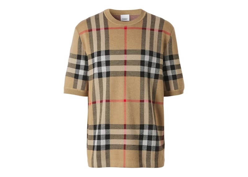 Burberry Shorts-sleeve Check Silk Wool Jacquard Top Archive Beige