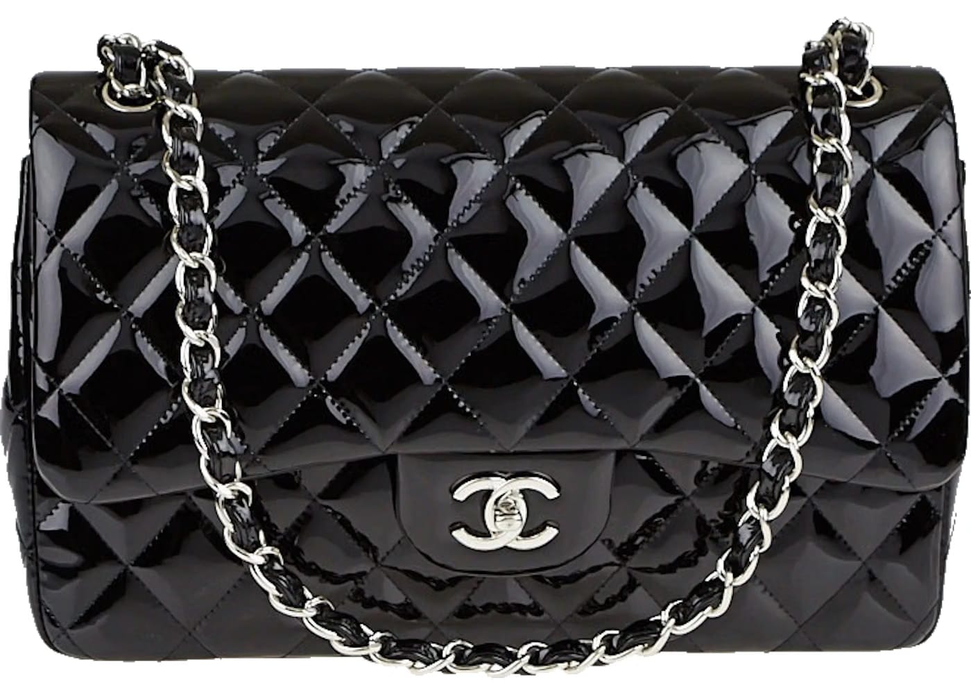 Chanel Classic Double Flap Quilted Patent Leather Silver-tone Jumbo Black