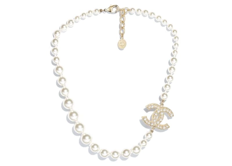 Chanel Glass Pearls CC Necklace Gold/Pearly White