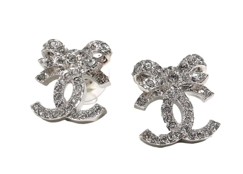 Chanel Bow Tie CC Logo Earrings Silver (ABA922)