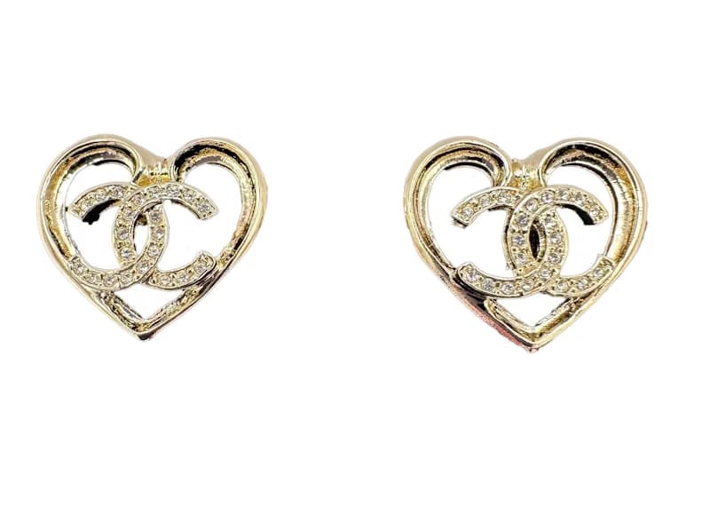 Chanel Crystal CC Logo Heart Stud Earrings ABA103 Light Gold/Crystal