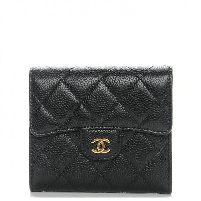 Chanel Flap Compact Wallet Quilted Caviar Gold-tone Black