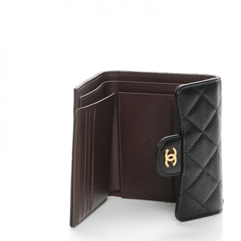 Chanel Flap Compact Wallet Quilted Caviar Gold-tone Black