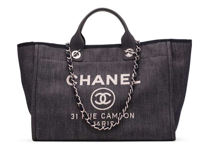 Chanel Deauville Tote Denim Silver-tone Large Dark Blue